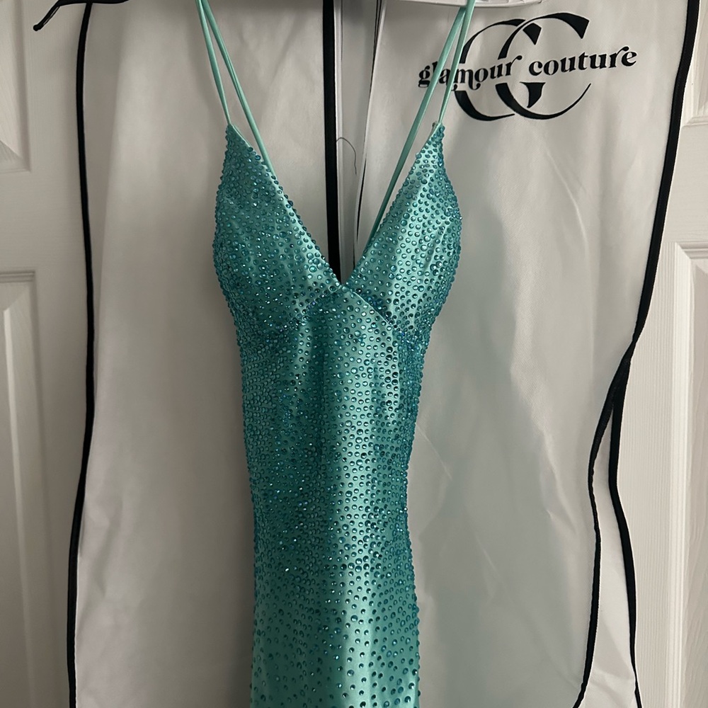 Faviana Blue Sequin Cocktail Dress Sleeveless Plunge